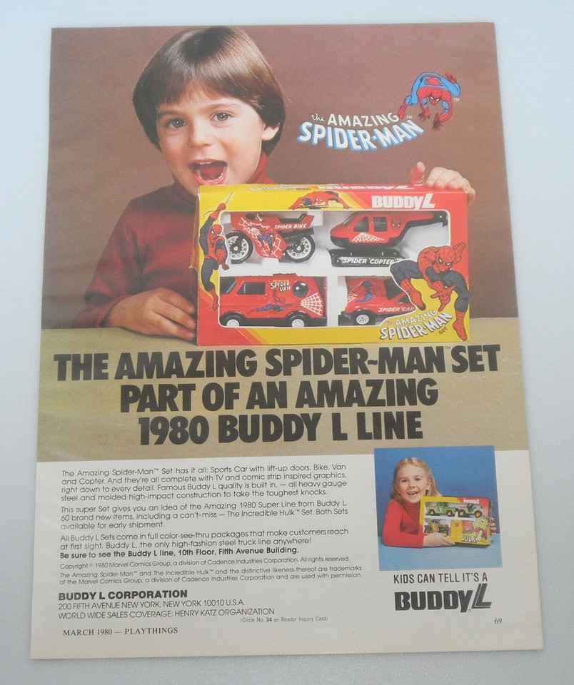 A 1980 Buddy L Spider-Man toy promo trade ad print — original vintage Marvel commercial ephemera that's a genuine time capsule of early superhero merchandising.