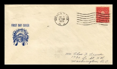 US FIRST DAY COVER EDISON'S FIRST LAMP 2C POSTAGE MENLO PARK NEW JERSEY 1929