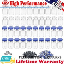 100x 5ml Glass Vials 20mm Crimp Top w/Rubber Plugs Flip Off Caps Serum Lab Vials