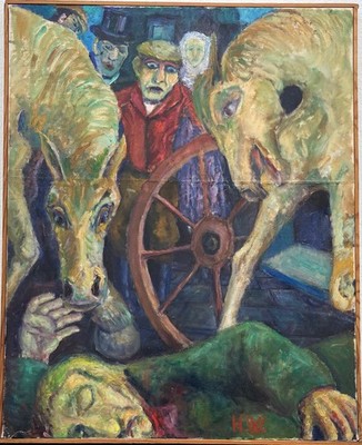 Oil Painting Expressionist Composition with People and Animals Sixties 