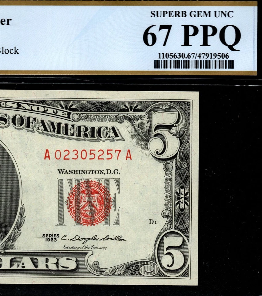 Billete de 5 dólares de Estados Unidos 1963 licitación legal sello rojo graduación profesional 67 PPQ excelente gema sin circular (ABJ)