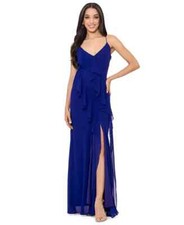 Betsy & Adam Women's Ruffle-Trim Spaghetti-Strap Gown Formal Maxi Dress Blue 4