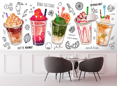milkteaページ 3D Bubble Tea K1085 Pearl Tea Milk Tea Shop Wallpaper Mural