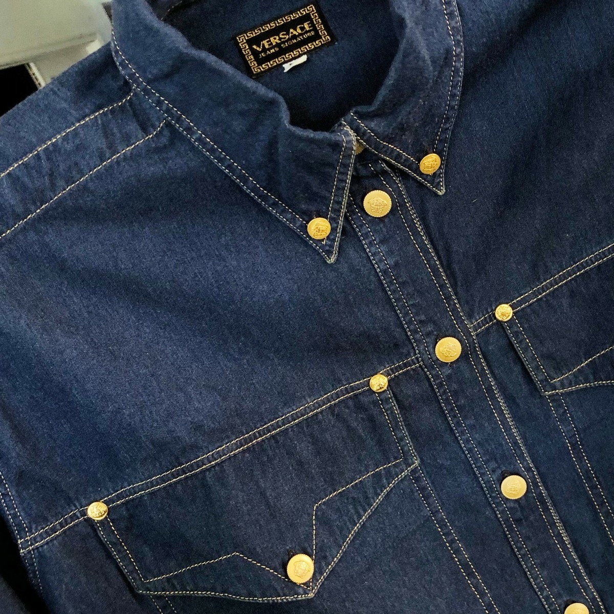 VERSACE JEANS SIGNATURE デニムシャツ Lサイズ VERSACE JEANS SIGNATURE blue cotton western women's shirt w