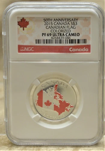 2015 CANADA NGC FP69 UCAMEO SILVER  S$3 50TH ANNIVERSATY COLORIZED CANADA FLAG