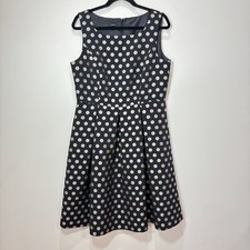 Talbots Polka Dot Dress 12 Black Tan Cotton Fit Flare Career Retro Timeless