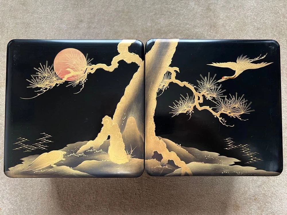 Jubako Bento Box Japanese Lacquer Wooden Makie Gold 4 Tiers Crane Turtle Pine An