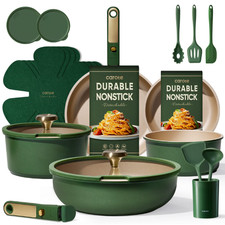 21-Piece Nonstick Cookware Set with Detachable Handles & Lids, Green