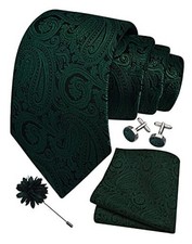 3.15"  8cm  Mens Tie and Lapel Pin Paisley Necktie Hankerchief Hunter Green