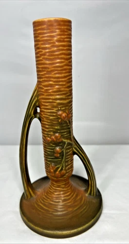 Roseville Pottery Bushberry Orange Russet Bud Vase Pair #152-7” Vintage