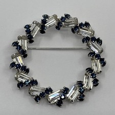 Silver Tone Rhinestone Blue Clear Wreath Brooch Pin Vintage