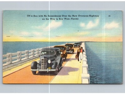 Vintage 1940s Key West Overseas Highway Linen Postcard Cars Bridge