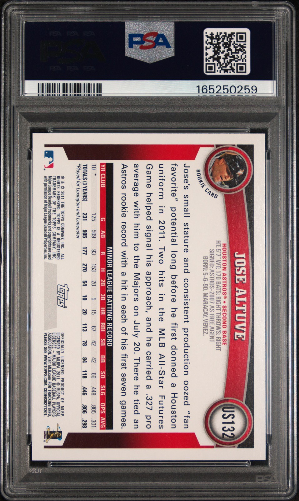2011 TOPPS UPDATE #US132 JOSE ALTUVE ROOKIE RC PSA 10 view 2