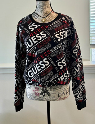 GUESS Women s CROPPED Black/White/Red  Logo Graphic Fleece Sweatshirt M