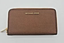 Michael Kors MK Zip Around Medium Designer Womens Wallet Clutch Brown Gold