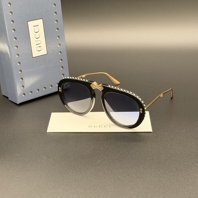 Gucci GG0307S 002 Foldable Sunglasses Black Crystal Blue Lens Ships Today