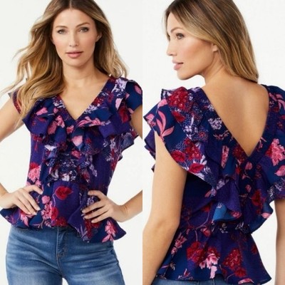 Sofia Jeans Sofia Vergara Purple Floral Ruffle Smocked Peplum Top Fairy Boho M