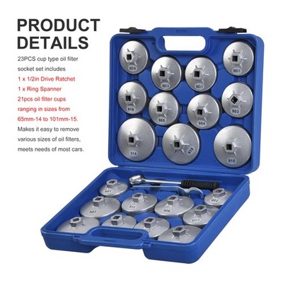 23 Pc 1/2'' DR Aluminum Alloy Cup Type Oil Filter Cap Wrench Socket Removal Set