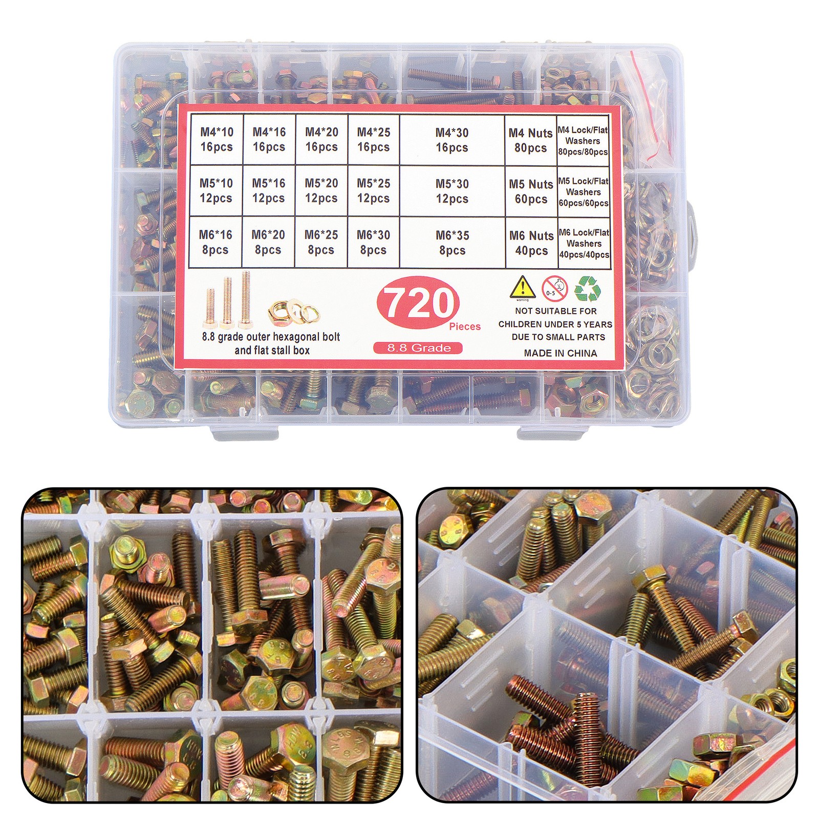 720PCS M6 M5 M4 Bolts and Nuts Assortment Kit Grade 8.8 Alloy Steel Hex 15 Sizes