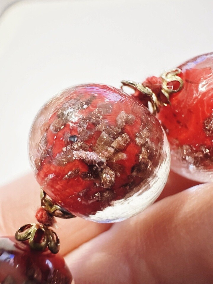 Vintage Sommerso Murano Red Gold Glitter Glass Bead Necklace 57cm