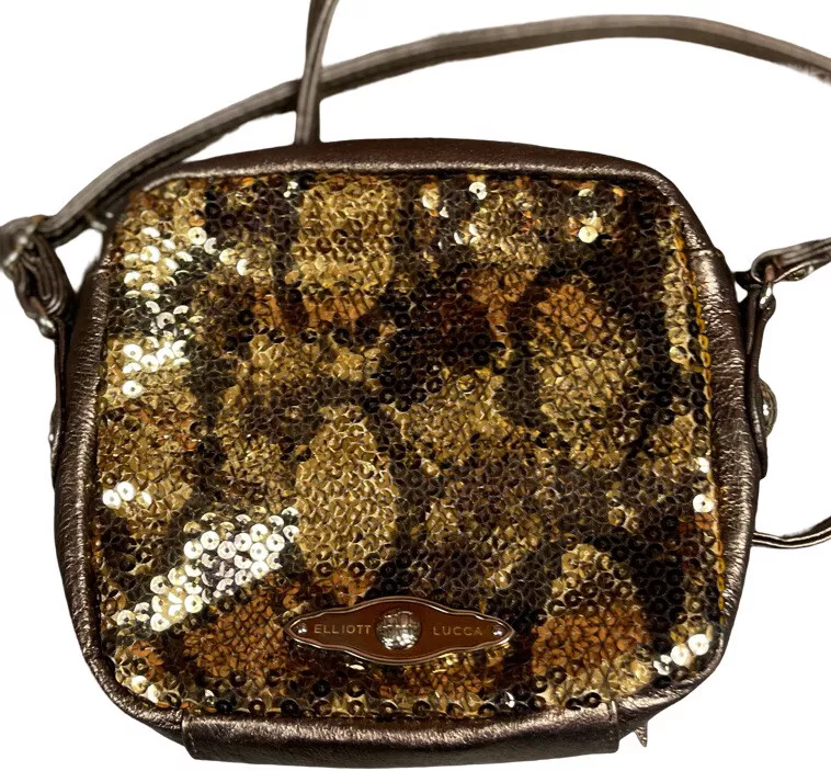 ELLIOT LUCCA WOMENS GOLD SEQUIN FAUX LEATHER SNAKESKIN CROSSBODY BAG PURSE EUC