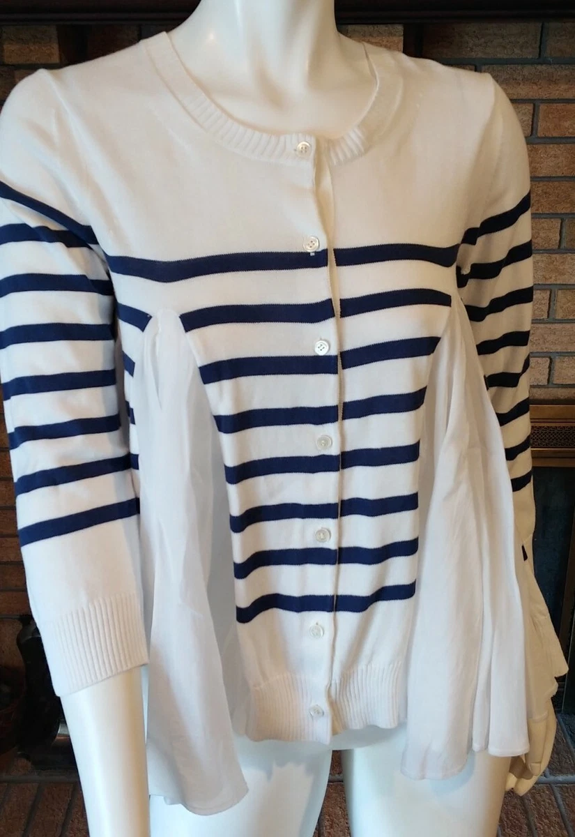 Sacai Luck Ivory/Blue Stripe White Pleat Accent Mixed Media Cardigan Size 3