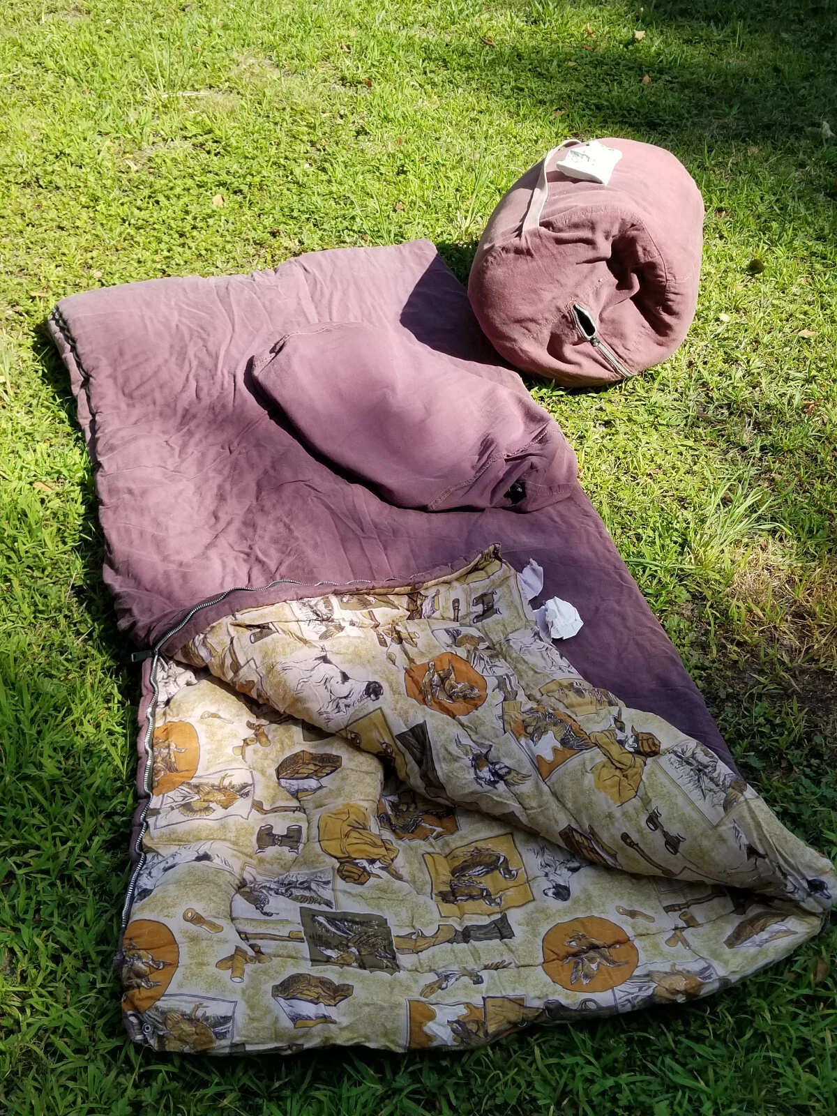 2 VINTAGE CLOTH SLEEPING BAGS BROWN HUNTING FISHING CAMPING