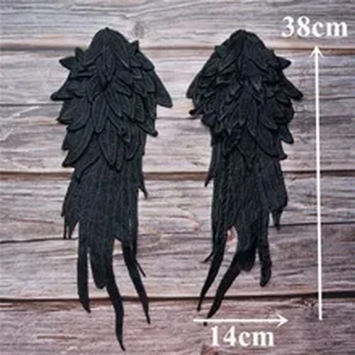 2pcs Black Feather Applique Fabric Embroidery Patches Clothes Shoulder Pad Decor - Image 2 of 4