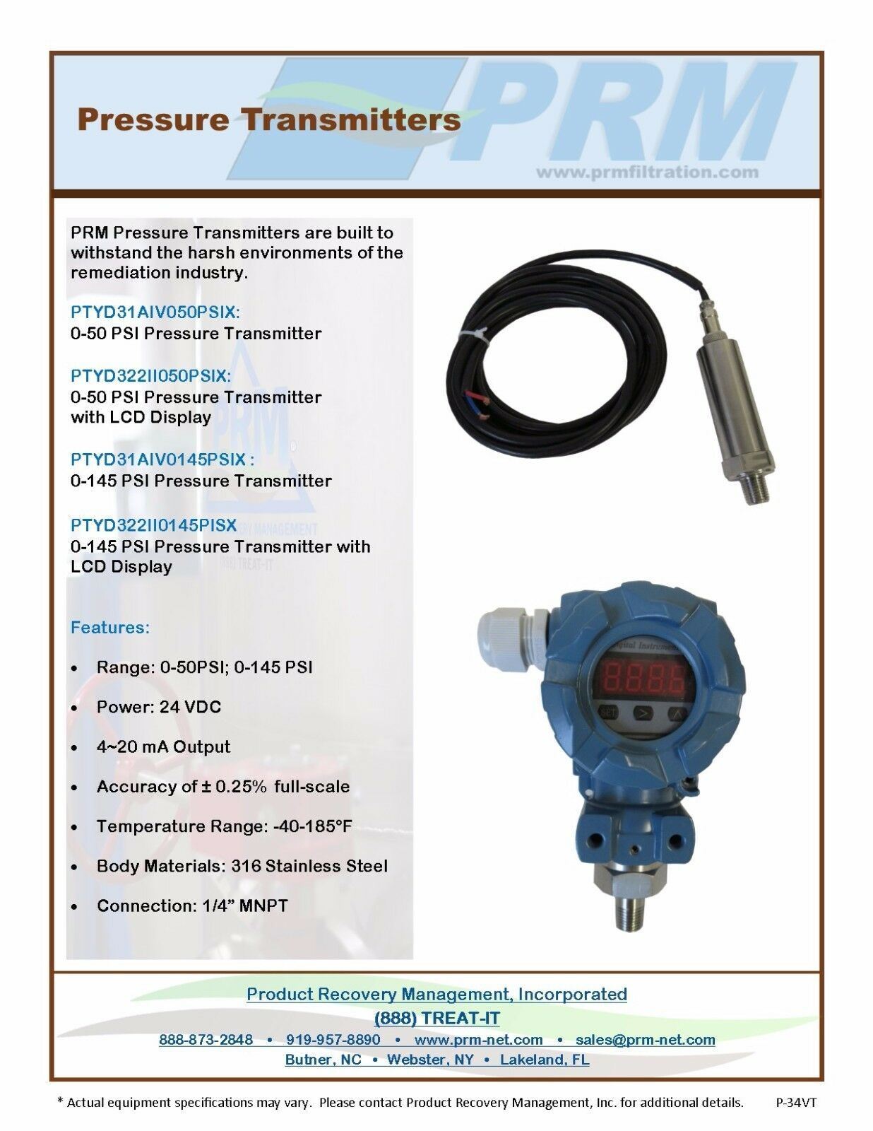 Pressure Trans Hs Code New PRM 0-5 PSI Pressure Transmitter 4-20 mA 24 VDC ¼ Inch MNPT