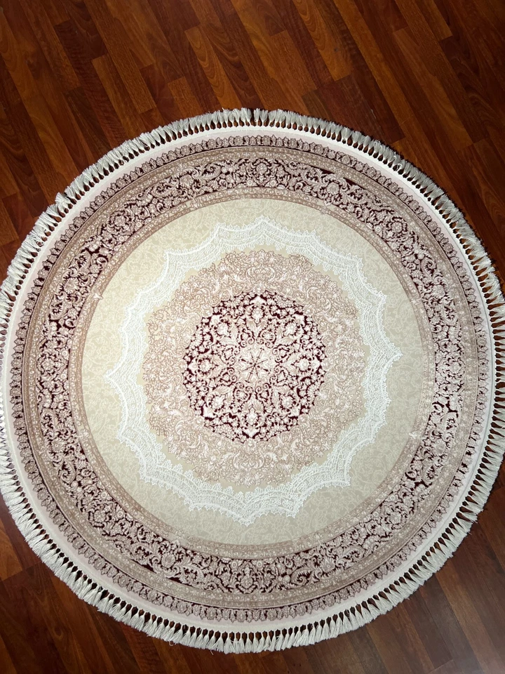 5x5 ft Red Beige Round Bamboo Rug – Vintage Circle Silk Rug for Home Decor - Image 2 of 4