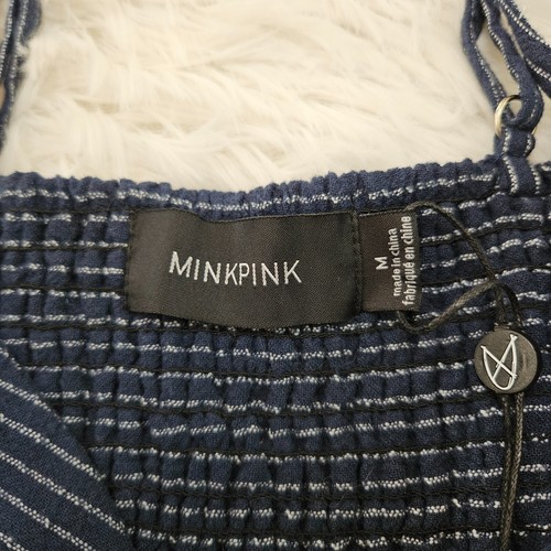 NWT Minkpink Navy Blue Striped Linen Blend Wide Leg Keyhole Lover Jumpsuit Sz M - Picture 11 of 18