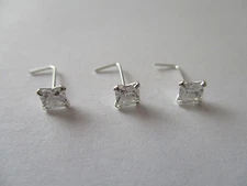 3 Piece Sterling Silver Nose Stud L shape 4mm square cut  CZ body piercing
