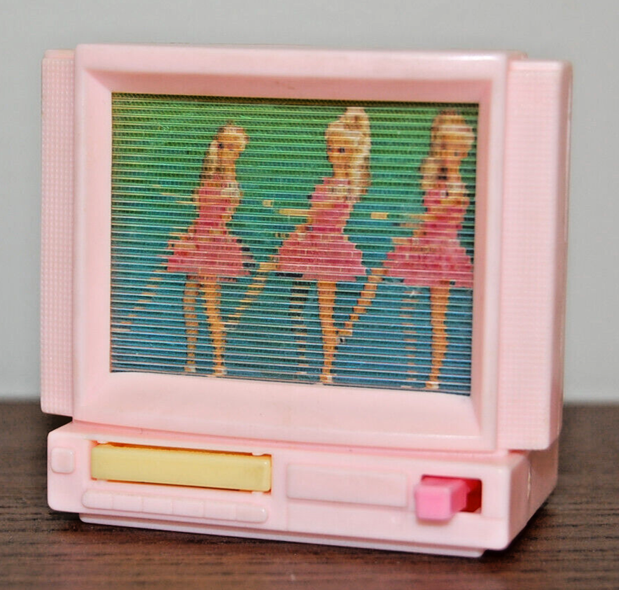 Barbie Pink TV with VCR Tape - Screen is animated - Vintage Mattel