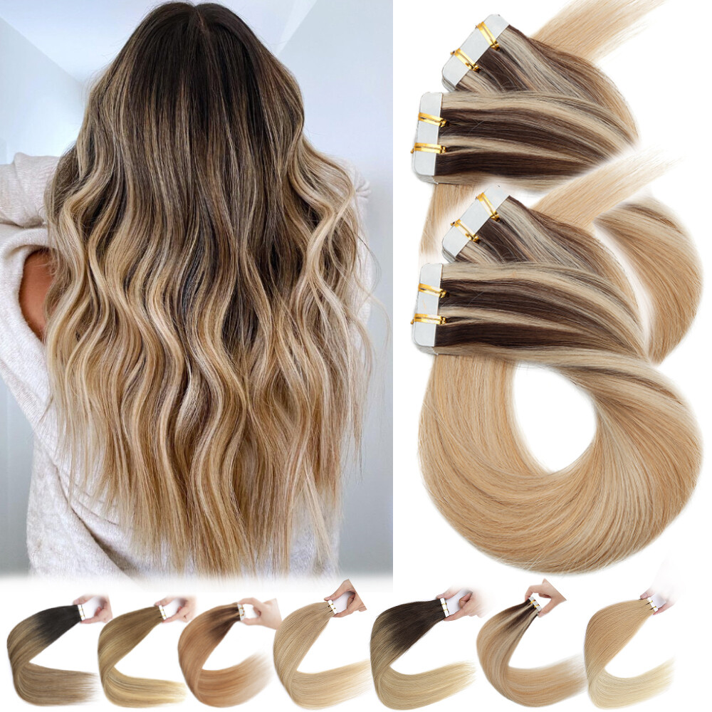 Balayage Tape In 100% Remy Human Hair Extensions Full Head Skin - Main Image