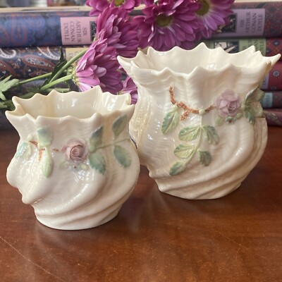 2 Vintage Belleek Ireland Carlingford Cache Pot Pink Rose Vase FREE SHIPPING