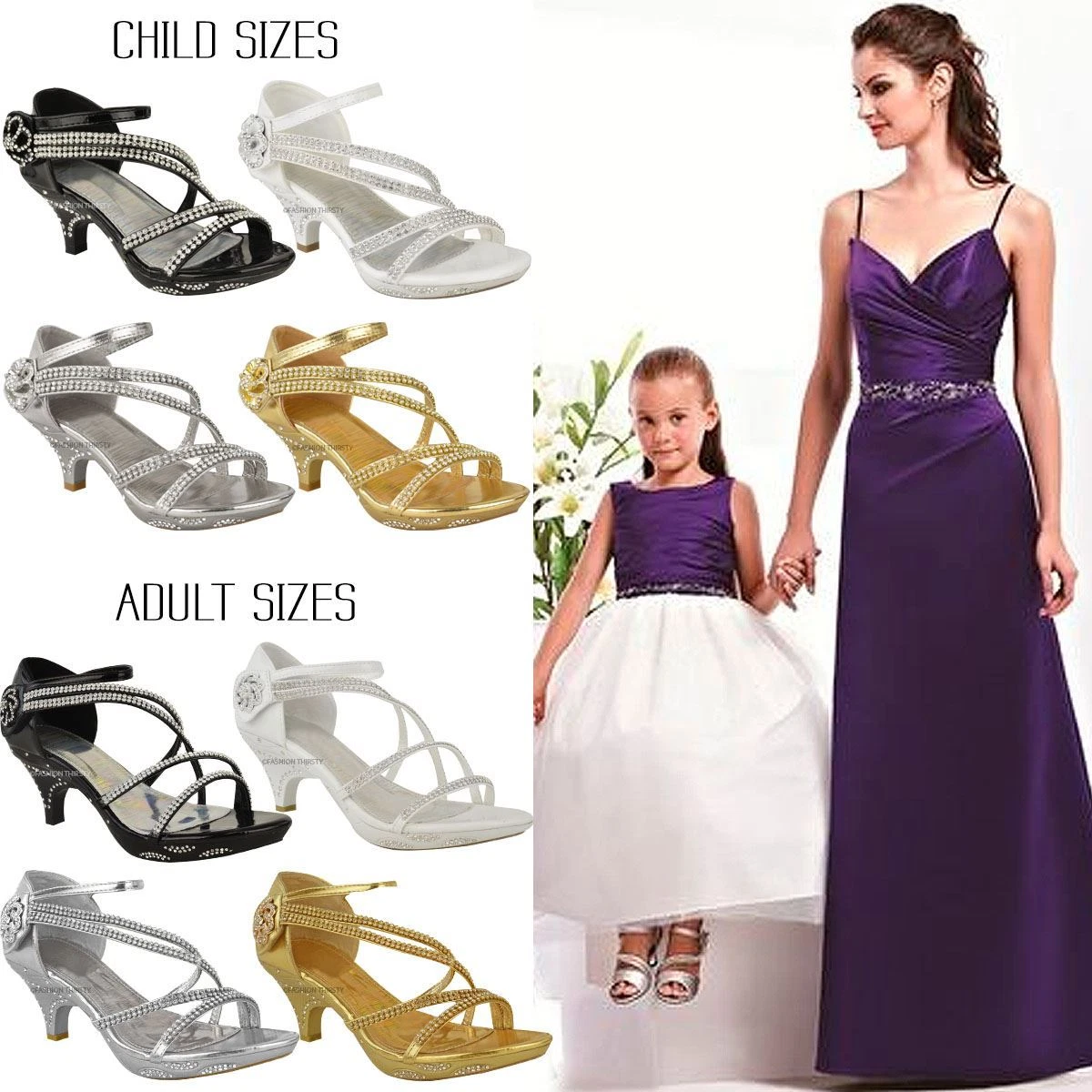 New Womens Ladies Girls Low Heel Bridal Wedding Sandal Kids