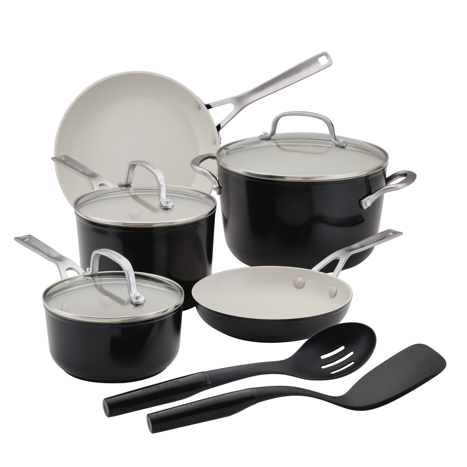 KitchenAid Ceramic 10 Piece Nonstick Aluminum Cookware Pot and Pan Set Brushe...