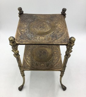 Vintage Ornate Brass Tone Etched Tiered Table Square Pedestal Stand Pat Pend