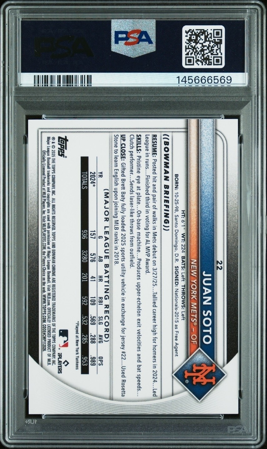 2025 Bowman Chrome #22 Gold Refractor /50 Juan Soto PSA 10 view 2