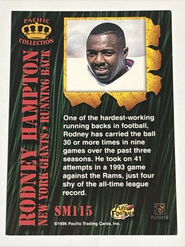 1996 Pacific Invincible Smash Mouth Rodney Hampton #SM115 - Picture 2 of 2