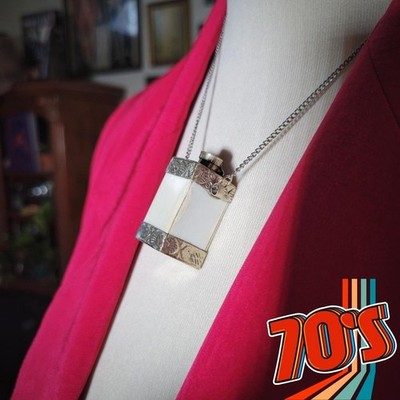 Vintage 1970s Bone Perfume Bottle Pendant Necklace Silver Tone Boho Charm