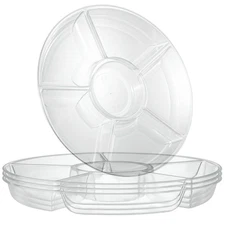 6-Sectional Round Plastic Serving Tray Platters Clear Pack of 2 for Party Snack
