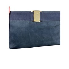 Salvatore Ferragamo Navy Suede Leather Clutch Bag Strap Gold Vara Bow Italy