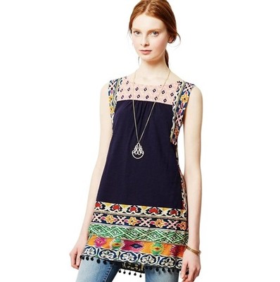 Akemi + Kin Boho Embroidered Pom Pom Aztec Tinamou Stitched Tunic. Size Small