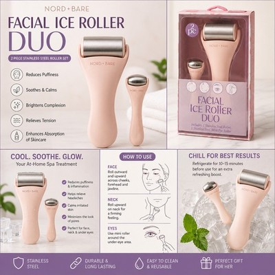 Nord + Bare Facial Ice Roller Duo   2 Piece Stainless Steel Face & Eye Roller...