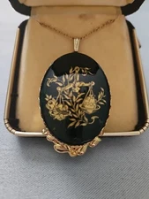 Vintage Oval German Zodaic Libra  Necklace  Black Gold Tone