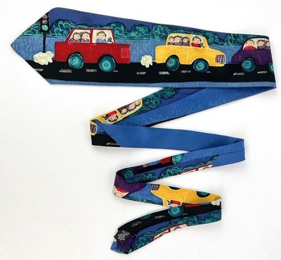 Save the Children Men's Blue Cars Novelty Neck Tie USA MADE ARE WE THERE YET?