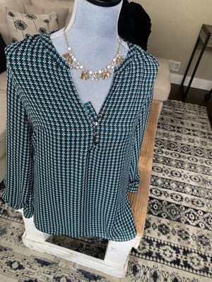 Laundry By Shelli Segal Tunic Top Shirt Green Geometric Roll Tab Sleeves S Small