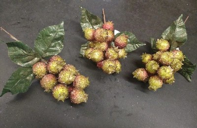 3 Pieces: Miniature Pomegranate Clusters, 10'' on Wired Pick, Red/Green/Gold