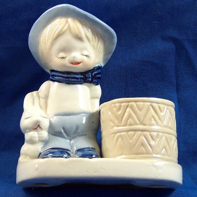 Vintage Emson Inc Candle Holder Boy With Rabbit Gloss Porcelain Child Figurine
